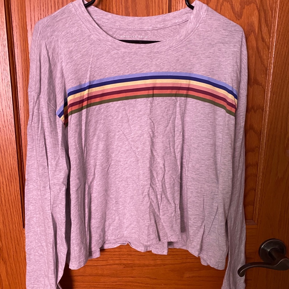 American Eagle Long Sleeve Shirt | light grey with colored stripes